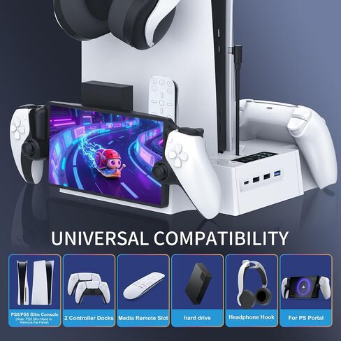 PS5 / PS5 Slim Cooling Station with PlayStation Portal and Controller Charging Station, Cooling Stand for PlayStation 5 Console, PS 5 Portal Dock Accessories with Cooler Fan, Headset Holder, 4 USB Hub in Saudi Arabia