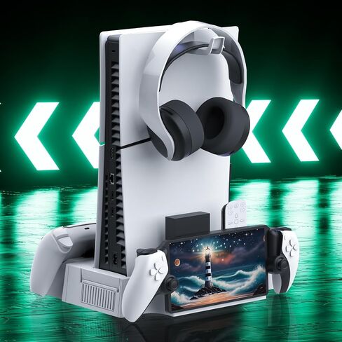 PS5 / PS5 Slim Cooling Station with PlayStation Portal and Controller Charging Station, Cooling Stand for PlayStation 5 Console, PS 5 Portal Dock Accessories with Cooler Fan, Headset Holder, 4 USB Hub in Saudi Arabia