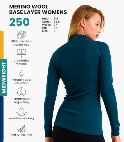 Merino Wool Base Layer Women Long Sleeve Half Zip Shirt (X-Large, 250 Deep Teal) in Saudi Arabia