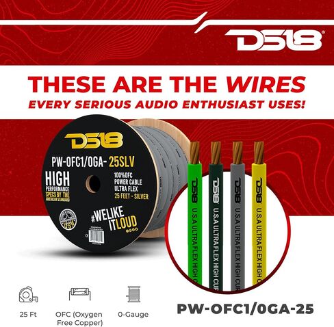 DS18 PW-EOFC1/0GA-25BK 1/0 CARGE CAR AUDIO AUDIO CABLE 25 قدمًا أسودًا فائقًا فليت فليكس بنسبة 100 ٪ من النحاس-سلك بطارية اللحام ، وأسلاك السيارات RV ، وسيارة أمبير مكبر صوت هومر ستيريو in Saudi Arabia