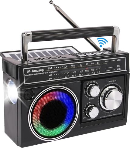 Radios Portable AM ​​FM ، راديو محمول مع مكبر صوت بلوتوث ومصباح يدوي ، استقبال قوي مع مصابيح مزاجية ملونة ، بطاقة TF ، الطاقة الشمسية/البطارية/AC قابلة لإعادة الشحن للهدية ، الأكبر ، المنزل ، الأسود in Saudi Arabia