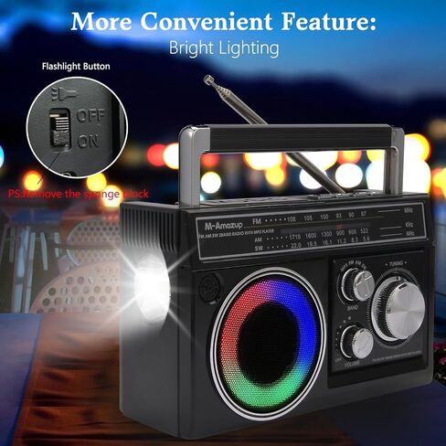 Radios Portable AM ​​FM ، راديو محمول مع مكبر صوت بلوتوث ومصباح يدوي ، استقبال قوي مع مصابيح مزاجية ملونة ، بطاقة TF ، الطاقة الشمسية/البطارية/AC قابلة لإعادة الشحن للهدية ، الأكبر ، المنزل ، الأسود in Saudi Arabia