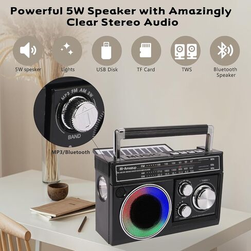 Radios Portable AM ​​FM ، راديو محمول مع مكبر صوت بلوتوث ومصباح يدوي ، استقبال قوي مع مصابيح مزاجية ملونة ، بطاقة TF ، الطاقة الشمسية/البطارية/AC قابلة لإعادة الشحن للهدية ، الأكبر ، المنزل ، الأسود in Saudi Arabia