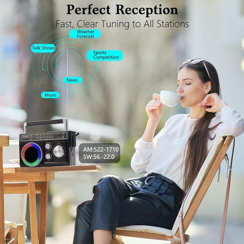 Radios Portable AM ​​FM ، راديو محمول مع مكبر صوت بلوتوث ومصباح يدوي ، استقبال قوي مع مصابيح مزاجية ملونة ، بطاقة TF ، الطاقة الشمسية/البطارية/AC قابلة لإعادة الشحن للهدية ، الأكبر ، المنزل ، الأسود in Saudi Arabia