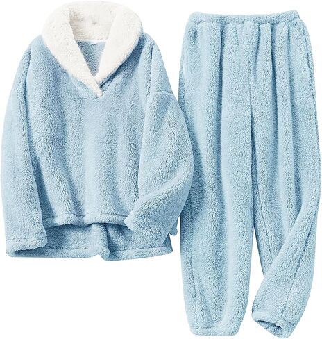 SPSHODOW Fluffy Pajamas Set for Women Winter Warm 2 Piece Fleece Pullover Loose Coral Soft Fuzzy Pjs Loungewear Sleepwear in Kuwait
