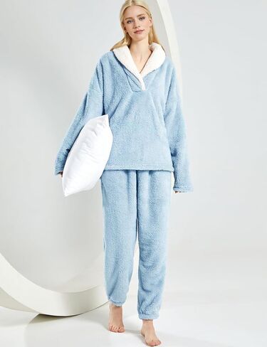 SPSHODOW Fluffy Pajamas Set for Women Winter Warm 2 Piece Fleece Pullover Loose Coral Soft Fuzzy Pjs Loungewear Sleepwear in Kuwait