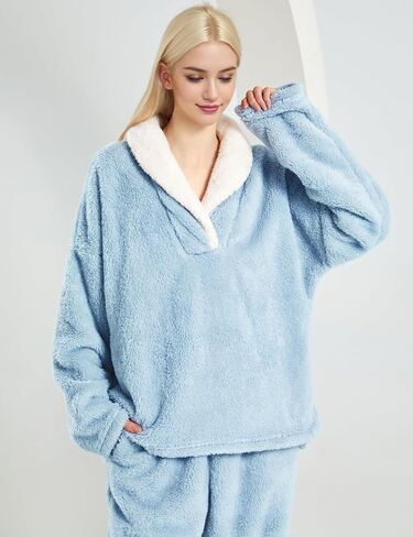 SPSHODOW Fluffy Pajamas Set for Women Winter Warm 2 Piece Fleece Pullover Loose Coral Soft Fuzzy Pjs Loungewear Sleepwear in Kuwait