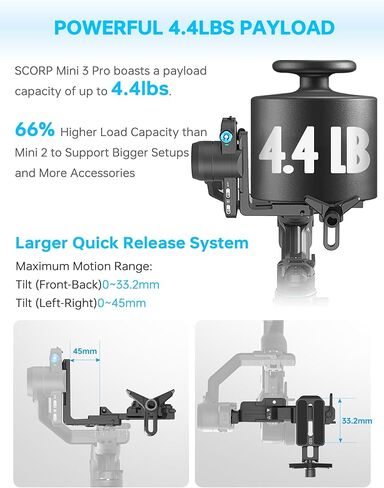 FeiyuTech SCORP Mini 3 Pro Gimbal Stabilizer for Camera, Max 59ft AI Tracking, Gimbal with Remote Handle&Cooling Mount, for Sony/Canon/Nikon/Gopro/DJI Action 5 pro/iPhone(Max 4.4lbs) Vertical Shooting in Kuwait