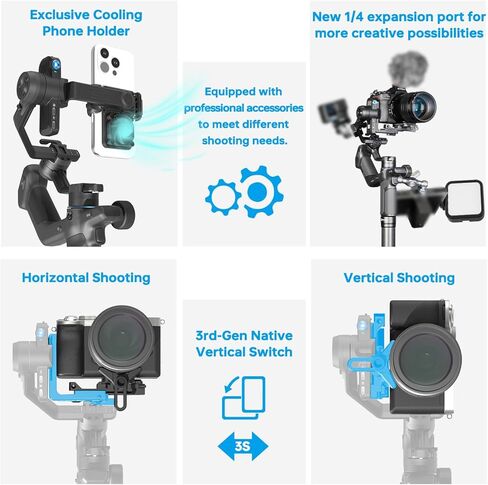 FeiyuTech SCORP Mini 3 Pro Gimbal Stabilizer for Camera, Max 59ft AI Tracking, Gimbal with Remote Handle&Cooling Mount, for Sony/Canon/Nikon/Gopro/DJI Action 5 pro/iPhone(Max 4.4lbs) Vertical Shooting in Kuwait