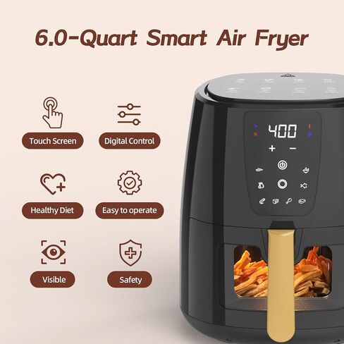 6.0 QT مقلاة الهواء الرقمية الكبيرة مع نافذة لاستخدام المطبخ ، غير لاصق مصنوع بدون PFAs ، شاشة تعمل باللمس ، 400F ، درجة حرارة/زمنية مخصصة ، سلة غير لاصقة ، أسود in Kuwait