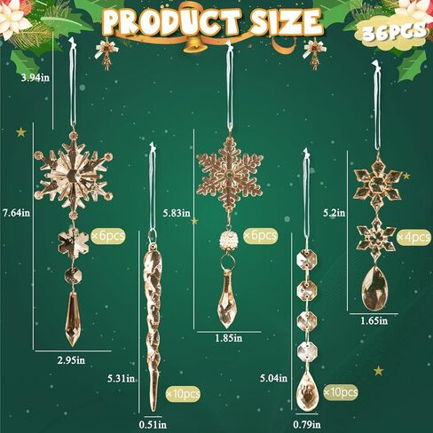 18pcs Crystal Christmas Ornaments for Christmas Tree Decorations-Hanging Acrylic Snowflake and Icicle Ornaments with Drop Pendants for Christmas Tree New Year Party Decorations Supplies in Kuwait