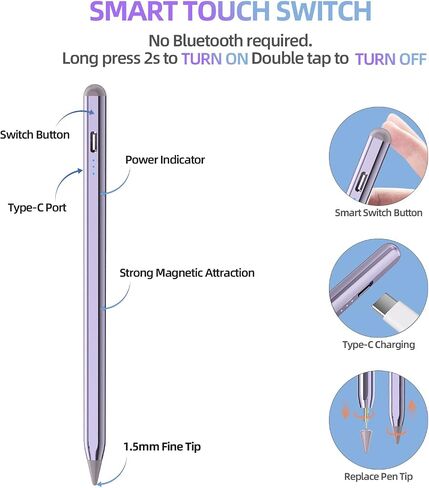 MMK Stylus Pen لـ iPad 10th 9th Gen ، لـ iPad Air 5/4/3rd ، iPad Pro 11/12.9 بوصة ، مع رفض النخيل وحساسية الإمالة ، قلم iPad ، القلم المغناطيسي ، الرمادي والأبيض in Saudi Arabia