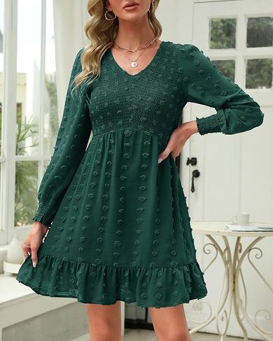 Maggeer Womens 2023 Fall Winter Long Sleeve Wedding Guest Dresses Tendy Casual Smocked Homecoming Swiss Dot Mini Dress in Kuwait