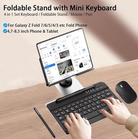 for Samsung Galaxy Z Fold 8 Ultra/Fold8 Wide/7/6/5 Stand and Keyboard Combo | 4-in-1 Portable Set Includes Mouse & Stylus Pen, Aluminum Alloy Foldable Desk Phone Stand, 7.9" Mini Bluetooth Keyboard in Kuwait