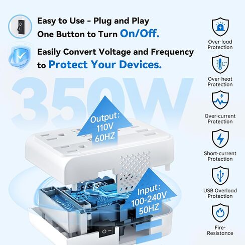 DOACE 220V to 110V Converter 350W Voltage Converter US to Europe for Hair Straightener/Curling Iron Converter for European Travel with 4-Port USB Charging and UK/AU/US/EU Worldwide Plug Adapter in Kuwait
