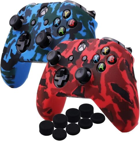 طباعة المياه طباعة الممولة الممولة تغطية Silicone Case لـ Microsoft Xbox One X & Xbox One S Controller X 2 (Red & Blue) مع Pro Thumb Grips x 8 in Saudi Arabia
