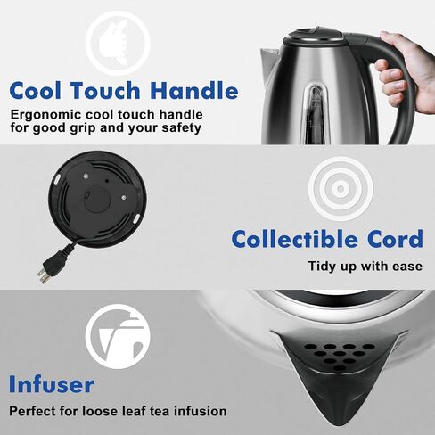 Stainless Steel Electric Kettle, 1.8 Liters Tea, Coffee Kettle & Hot Water Boiler, 360° Swivel Base, BPA Free, Auto Shut-Off, Boil-Dry Proof, 1100W in Saudi Arabia