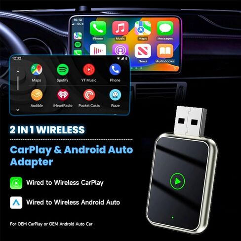 محول CarPlay اللاسلكي متوافق مع iPhone و Android Auto - شاحن الشاحن اللاسلكي - الاتصالات المجانية والملاحة والموسيقى - يعمل في Cars 2017+ مع منفذ USB/USB -C in Saudi Arabia