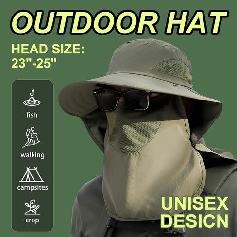 قبعة شمس عريضة مع رفرف للرقبة والوجه القابلة للإزالة - UPF 50+ حماية UV قبعة سفاري للرجال والنساء in Saudi Arabia