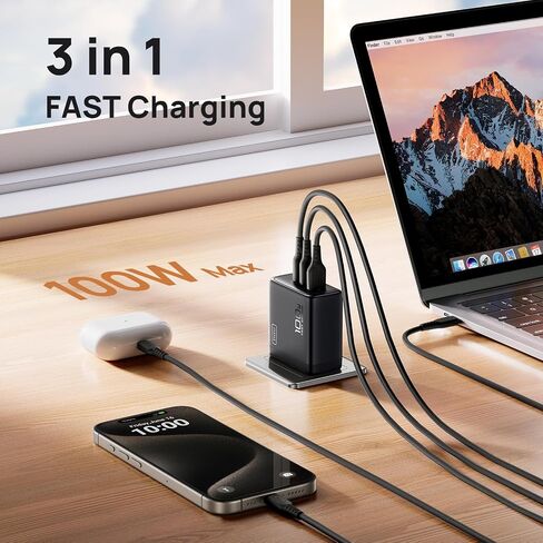 INIU 100W USB C Charger, 3-Port GaN Fast Charging Block with 5ft USBC Cable | 30% Smaller, Foldable Plug, GaN Tech, Multi Port, Travel Laptop Charger for MacBook Pro Air Neo, iPhone 17, Samsung, Dell etc in Saudi Arabia