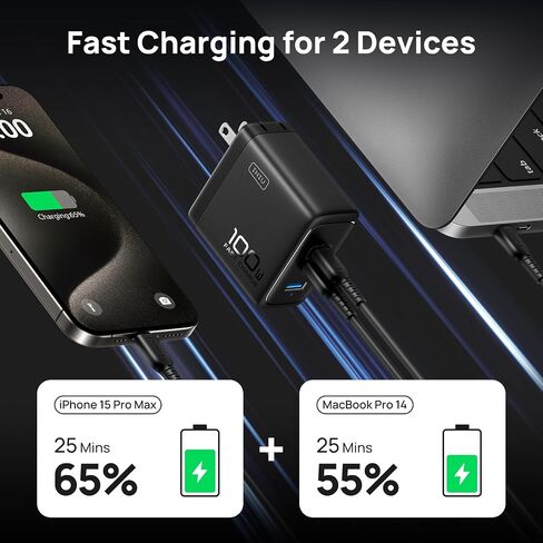 INIU 100W USB C Charger, 3-Port GaN Fast Charging Block with 5ft USBC Cable | 30% Smaller, Foldable Plug, GaN Tech, Multi Port, Travel Laptop Charger for MacBook Pro Air Neo, iPhone 17, Samsung, Dell etc in Saudi Arabia