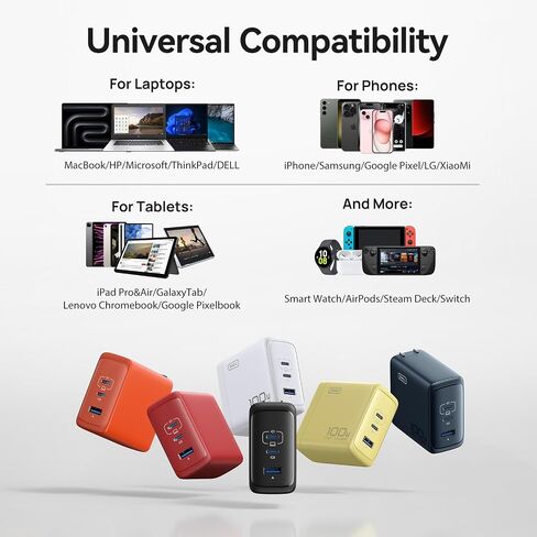 INIU 100W USB C Charger, 3-Port GaN Fast Charging Block with 5ft USBC Cable | 30% Smaller, Foldable Plug, GaN Tech, Multi Port, Travel Laptop Charger for MacBook Pro Air Neo, iPhone 17, Samsung, Dell etc in Saudi Arabia
