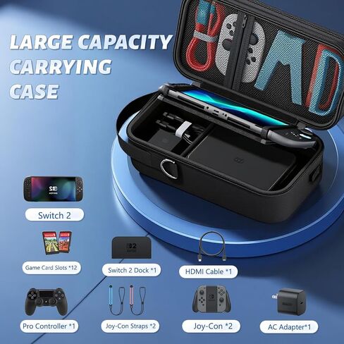 DUMVOIN Carrying Case for Nintendo Switch 2, Hard Shell Protector for Portable Travel, Huge Capacity Lightweight Game Bag for Switch 2 Accessories Console Dock,Charger, Holds 12 Game Cards (Black) in Saudi Arabia