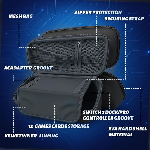DUMVOIN Carrying Case for Nintendo Switch 2, Hard Shell Protector for Portable Travel, Huge Capacity Lightweight Game Bag for Switch 2 Accessories Console Dock,Charger, Holds 12 Game Cards (Black) in Saudi Arabia