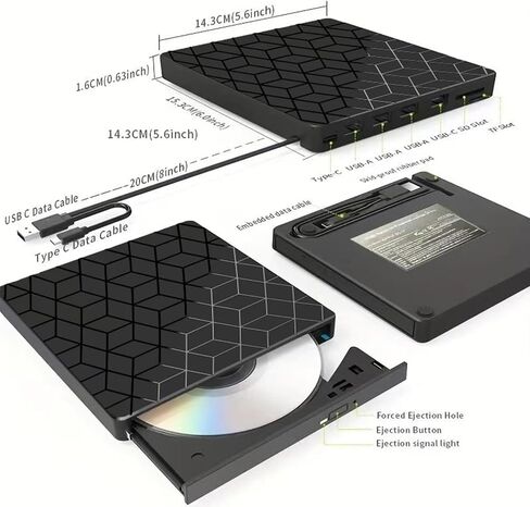VVIA CDD DVD محرك أقراص CDD الخارجية ، Ultra Slim CD Burner USB 3.0 مع 4 منافذ USB وفتحات بطاقة TF/SD ، محرك الأقراص الضوئية لجهاز الكمبيوتر المحمول MAC ، PC Windows 11/10/8/7 Linux OS MacBook Pro/Air Desktop PC Player in Saudi Arabia