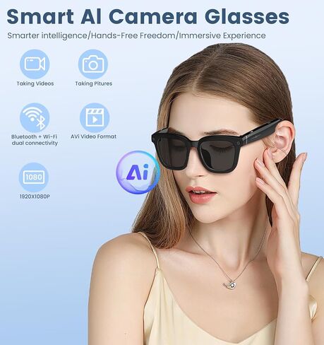 AI Smart Camera Glasses 1080p HD - نظارات تسجيل الفيديو Bluetooth مع التحكم الصوتي ، ونظائر الكاميرا الرياضية التي يمكن ارتداؤها للقيادة ، والمشي لمسافات طويلة ، والخارجية وفتح على الكمبيوتر in Kuwait