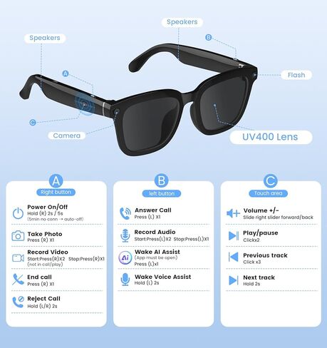 AI Smart Camera Glasses 1080p HD - نظارات تسجيل الفيديو Bluetooth مع التحكم الصوتي ، ونظائر الكاميرا الرياضية التي يمكن ارتداؤها للقيادة ، والمشي لمسافات طويلة ، والخارجية وفتح على الكمبيوتر in Kuwait