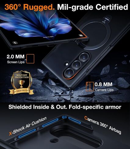 TORRAS 360 Spin Magnetic Stand for Galaxy Z Fold 7 Case, MIL-Grade Hinge Protection, Fit for Magsafe, 360 Kickstand & Ring Holder, Armor Hard Slim Case for Samsung Galaxy Z Fold 7, Black in Saudi Arabia