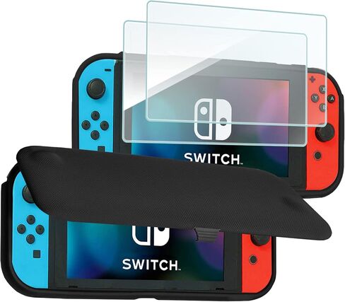 ProCase Flip Cover for Nintendo Switch Case with 2 Pack Tempered Glass Screen Protectors, Detachable Front Cover Protective Case for Nintendo Switch 2017 -Black in Saudi Arabia