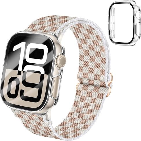 Braided Stretchy Elastic Loop Band with Case Compatible with Apple Watch 40mm 41mm 42mm 44mm 45mm 46mm 38mm 49mm, Nylon Elastic Solo Loop and Protective Cover with Screen Protector for iWatch Series 10 9 8 7 SE 6 5 4 3 2 Ultra 2 SE women men in Kuwait