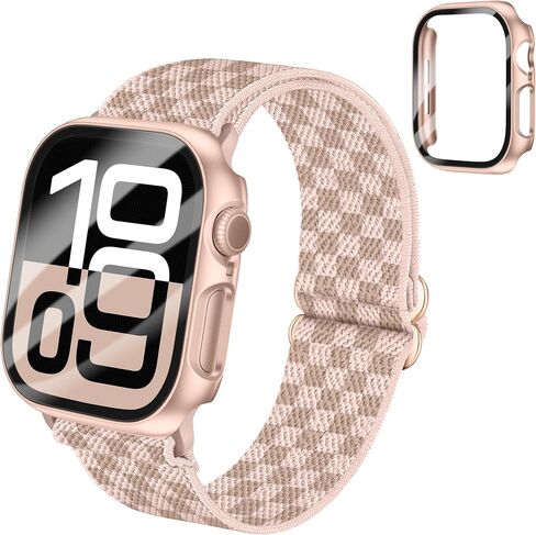 Braided Stretchy Elastic Loop Band with Case Compatible with Apple Watch 40mm 41mm 42mm 44mm 45mm 46mm 38mm 49mm, Nylon Elastic Solo Loop and Protective Cover with Screen Protector for iWatch Series 10 9 8 7 SE 6 5 4 3 2 Ultra 2 SE women men in Kuwait