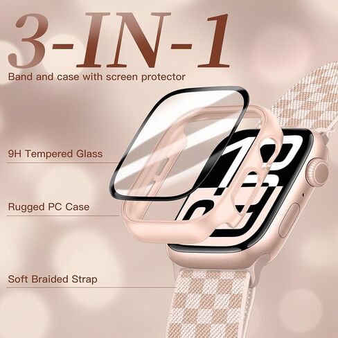Braided Stretchy Elastic Loop Band with Case Compatible with Apple Watch 40mm 41mm 42mm 44mm 45mm 46mm 38mm 49mm, Nylon Elastic Solo Loop and Protective Cover with Screen Protector for iWatch Series 10 9 8 7 SE 6 5 4 3 2 Ultra 2 SE women men in Kuwait
