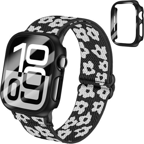 Braided Stretchy Elastic Loop Band with Case Compatible with Apple Watch 40mm 41mm 42mm 44mm 45mm 46mm 38mm 49mm, Nylon Elastic Solo Loop and Protective Cover with Screen Protector for iWatch Series 10 9 8 7 SE 6 5 4 3 2 Ultra 2 SE women men in Kuwait