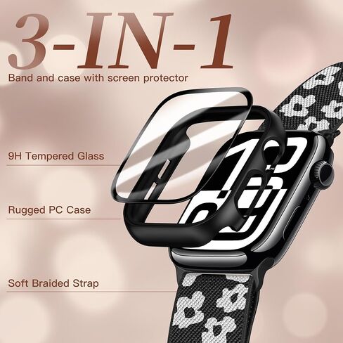 Braided Stretchy Elastic Loop Band with Case Compatible with Apple Watch 40mm 41mm 42mm 44mm 45mm 46mm 38mm 49mm, Nylon Elastic Solo Loop and Protective Cover with Screen Protector for iWatch Series 10 9 8 7 SE 6 5 4 3 2 Ultra 2 SE women men in Kuwait