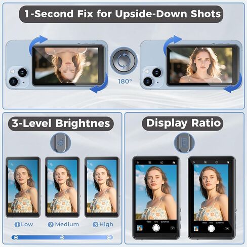 Selfie Monitor Screen iPhone & Android, Back Camera Monitor with Bluetooth Remote, Wireless Mirroring Recording, Magnetic Phone Vlog Selfie Screen for Vlogging Live Streaming TikTok (Grey) in Saudi Arabia