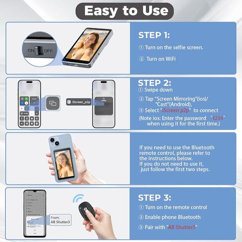 Selfie Monitor Screen iPhone & Android, Back Camera Monitor with Bluetooth Remote, Wireless Mirroring Recording, Magnetic Phone Vlog Selfie Screen for Vlogging Live Streaming TikTok (Grey) in Saudi Arabia