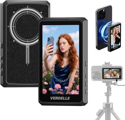 Vlog Selfie Monitor Screen for Phone, Wireless Magnetic Back Camera Monitor for iPhone Android, Support 4K 30fps Wired Recording, Using Phone Rear Camera for Selfie Vlog Live Stream TikTok (Black) in Saudi Arabia
