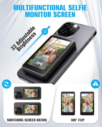 Vlog Selfie Monitor Screen for Phone, Wireless Magnetic Back Camera Monitor for iPhone Android, Support 4K 30fps Wired Recording, Using Phone Rear Camera for Selfie Vlog Live Stream TikTok (Black) in Saudi Arabia