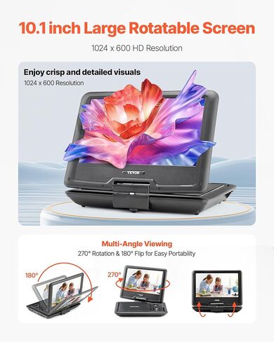 VEVOR 17.5 "مشغل DVD المحمول مع شاشة عرض دوارة عالية الدقة 15.6 بوصة ، 4.5-5 ساعات بطارية قابلة لإعادة الشحن ، مكبرات صوت مزدوجة ، دعم TV/USB/SD CARD/CD/DVD ، شاحن السيارة ، التحكم عن بُعد in Saudi Arabia