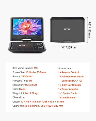 VEVOR 17.5 "مشغل DVD المحمول مع شاشة عرض دوارة عالية الدقة 15.6 بوصة ، 4.5-5 ساعات بطارية قابلة لإعادة الشحن ، مكبرات صوت مزدوجة ، دعم TV/USB/SD CARD/CD/DVD ، شاحن السيارة ، التحكم عن بُعد in Saudi Arabia