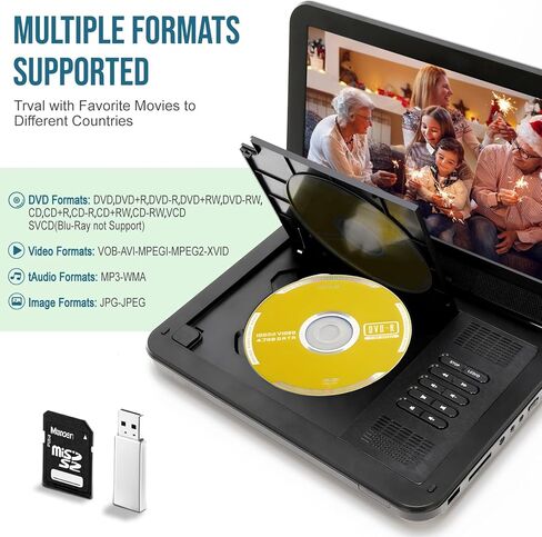 12.5 "مشغل أقراص DVD المحمولة للأطفال وسيارات مع 10.1" شاشة دوارة ، 4-6 ساعات من العمل ، مشغل أقراص DVD للسيارة مع مكبرات صوت مزدوجة ، التحكم عن بُعد ، دعم تلفزيون المزامنة ، المنطقة USB/SD/AV ((أسود) in Kuwait