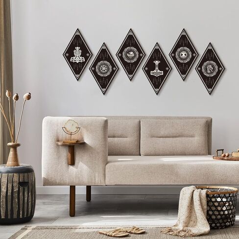 Nuenen 6 Pieces Mushroom Wall Decor Farmhouse Home Wall Decor Boho Wood Diamond Frame Mushroom Aesthetic Art with Hanging Hook for Bedroom Living Room Bathroom Apartment in Kuwait