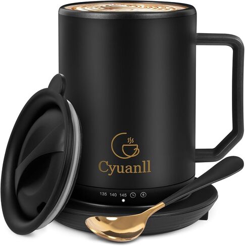 كوب القهوة المسخن مع وظيفة الإغلاق التلقائي ، والقدح في درجة حرارة التسخين الذاتي مع الغطاء والملعقة ، والقدح الذكية أكثر دفئا للقهوة ، و 3 بيئات درجات الحرارة ، والهدايا للرجال والنساء (أسود 12 أوقية) in Kuwait
