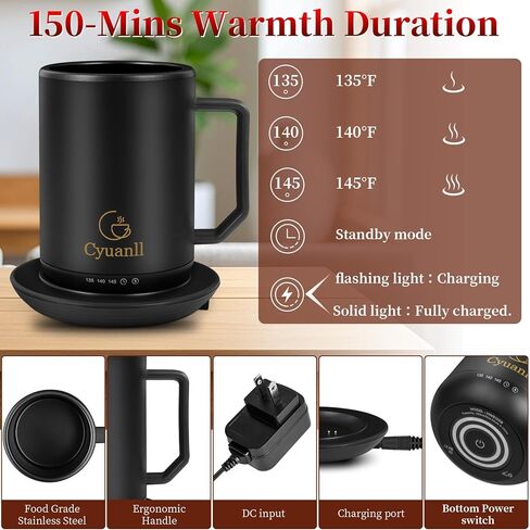 كوب القهوة المسخن مع وظيفة الإغلاق التلقائي ، والقدح في درجة حرارة التسخين الذاتي مع الغطاء والملعقة ، والقدح الذكية أكثر دفئا للقهوة ، و 3 بيئات درجات الحرارة ، والهدايا للرجال والنساء (أسود 12 أوقية) in Kuwait