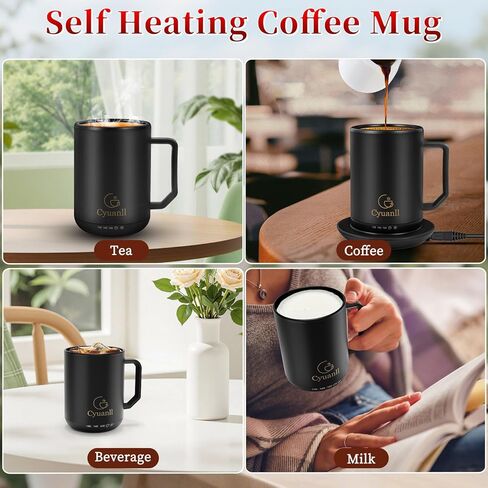 كوب القهوة المسخن مع وظيفة الإغلاق التلقائي ، والقدح في درجة حرارة التسخين الذاتي مع الغطاء والملعقة ، والقدح الذكية أكثر دفئا للقهوة ، و 3 بيئات درجات الحرارة ، والهدايا للرجال والنساء (أسود 12 أوقية) in Kuwait