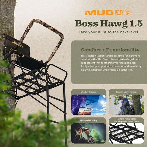 Muddy Boss Hawg 1.5 Deer Hunting Ladderstand ، 17 قدمًا 1 شخص يتسلق شجرة مع مقعد قطني ومنصة معدنية D-Force الموسعة D-Force in Saudi Arabia